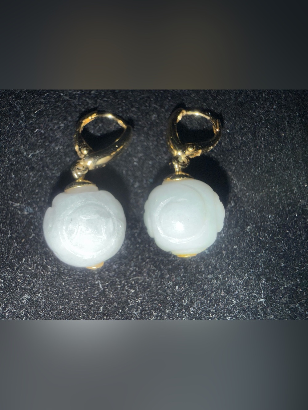 Carved White Jade and Gold Tone Lever Back Earrings